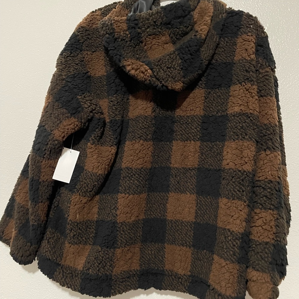 Wallflower Women’s Medium Sherpa Hooded Jacket, Brown and Black - Picture 2 of 3